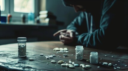 In a dimly lit room, a lone figure in a hoodie sits at a table cluttered with scattered pills, their posture reflecting despair and contemplation.