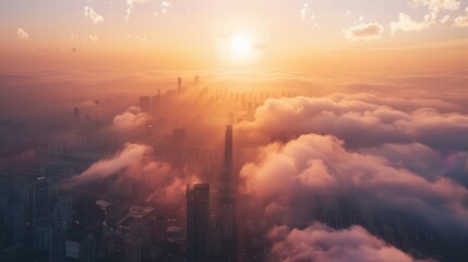 Fototapeta premium Breathtaking aerial view of a cityscape enveloped in clouds at sunrise, highlighting the tall buildings piercing through the mist.