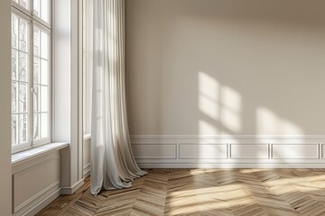 Obraz premium Modern Minimalist Interior with Empty Wall Mockup, Parquet Floor, and Sunlit Window