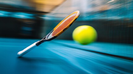 A tennis racket hits a tennis ball on a court.