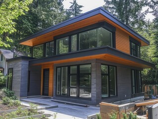 Fototapeta premium Craftsmen meticulously install sleek exterior siding on modern house facade. Precision tools and careful measurements ensure flawless insulation and aesthetic appeal.