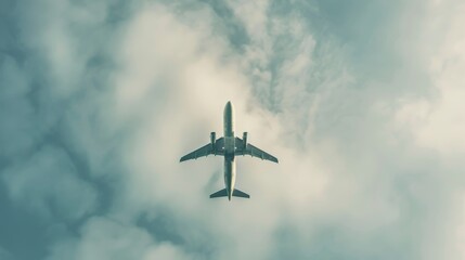Fototapeta premium An airplane captured from below, flying high through a sky filled with scattered clouds.