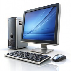 Fototapeta premium Desktop computer setup with monitor, keyboard, and mouse on white background
