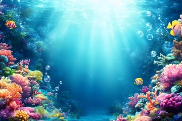 Vibrant coral reef with colorful fish and bubbles.