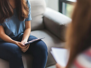 Femme en jeans lors d'une conversation calme