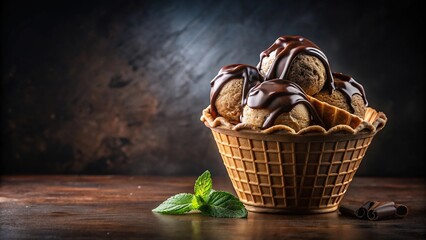 Ice cream in waffle cup with chocolate syrup on black background