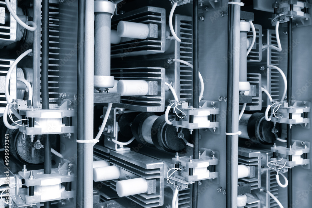 Poster new automated system of electric power supply and distribution. Electric boxes with high-voltage equipment. The scheme for supplying electric power through the main and reserve channels