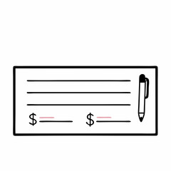 Signed check icon, financial document symbol, black and red line art