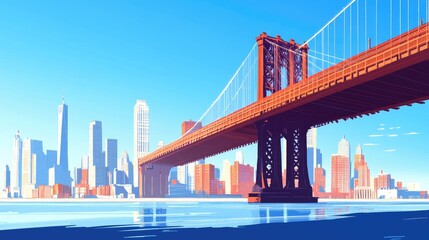 A bridge with a vibrant cityscape in the background, leaving plenty of clear sky and river for text placement.