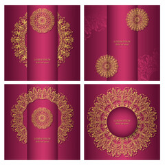 A golden mandala on a pink background. Set of four square backgrounds with luxurious ethnic ornaments. Design of postcard, invitation, flyer. 