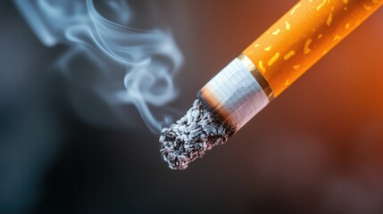 A close-up of a burning cigarette with smoke curling against a neutral backdrop, leaving room for text
