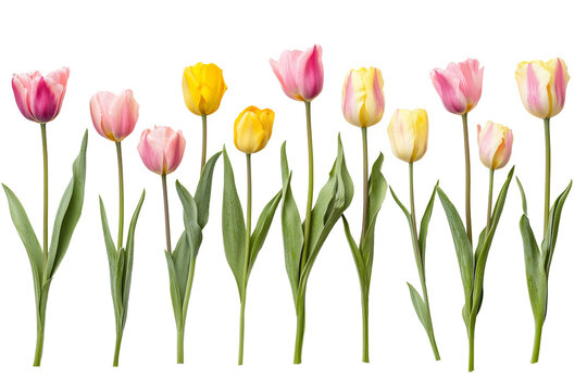 A collection of tulips in various shades of pink and yellow, solated on transparent background, PNG file with their stems intertwined