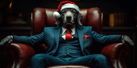 A dapper dog dressed in a blue suit and a red Santa hat sits in a plush leather armchair with a relaxed, confident expression.