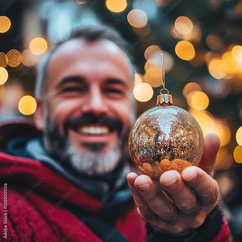 Sticker A man is holding a gold colored Christmas ornament