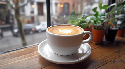 Fototapeta premium Latte art coffee cup on wooden table by window with potted plants 