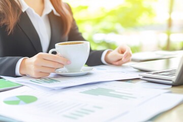 Happy Young Woman Enjoying Coffee at Professional Setting
