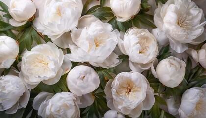 Fototapeta premium huge bouquet of white color peonies. background of white peonies. Top view