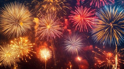 Obraz premium A close-up of celebratory fireworks with a dark sky, providing room around the bursts for text. -