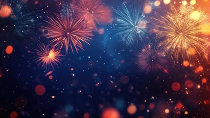 Obraz premium A close-up of colorful fireworks exploding against a dark background, with plenty of clear sky for text placement.
