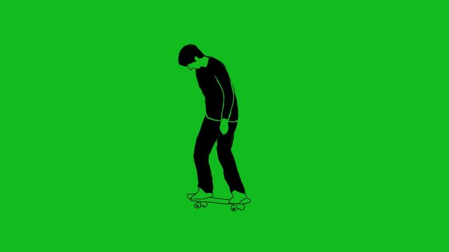 black and white hand drawn animation style of skateboard player doing kickflip. available in 2 background mode, white screen and green screen