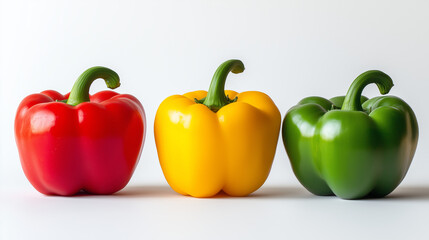 Colorful peppers on white background, fresh vegetables, healthy food, copy space