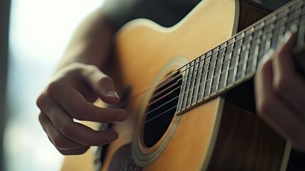 Fototapeta premium A close-up of hands strumming an acoustic guitar with a clean background, providing ample space for text placement.