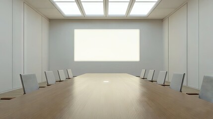 Obraz premium A conference table in an empty boardroom, with a large blank wall for text placement