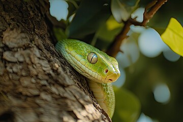 Fototapeta premium Green Snake on a tree .generative ai