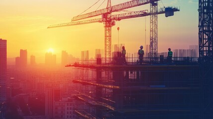 Fototapeta premium A construction site with a partially completed structure and workers in the distance, with open space for text.
