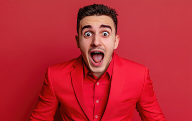 Obraz premium Portrait of an excited young man in a red suit with an open mouth on an isolated background, a detailed illustration