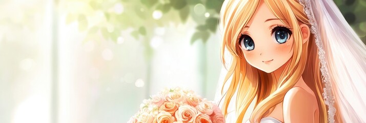 Cute bride from anime with long blonde hair clutching a rose-themed bridal bouquet.