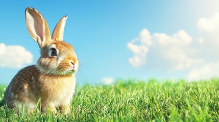 Obraz premium A cute rabbit sitting in a field of fresh grass, with a clear blue sky in the background offering ample space for text.