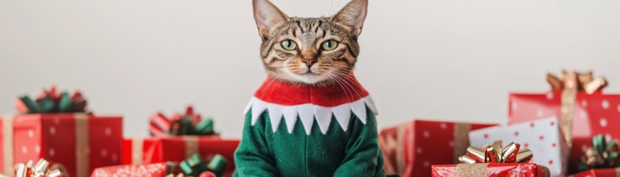 A festive Savannah cat in an elf sweater surrounded by colorful Christmas gifts, perfect for holiday cheer and seasonal decor.
