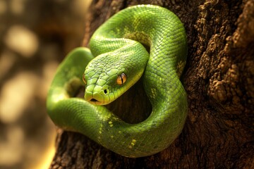Fototapeta premium Green Snake on a tree .generative ai