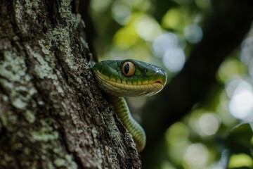 Fototapeta premium Green Snake on a tree .generative ai
