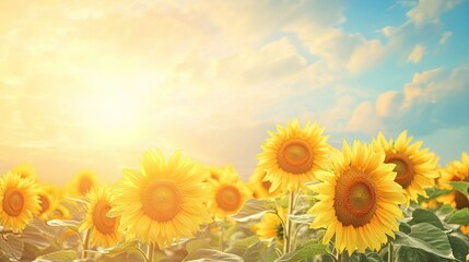 Obraz premium A field of sunflowers nearing harvest with a bright sky above, offering a large area of clear space for text.