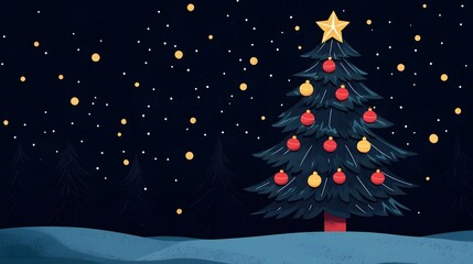 Obraz premium A vibrant Christmas tree adorned with colorful ornaments shines under a starry night sky backdrop. Christmas Celebration Concept