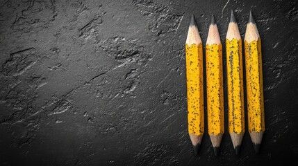 A row of well-worn yellow pencils with black lead tips arranged neatly on a dark textured surface.