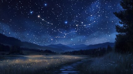 Fototapeta premium A peaceful nighttime scene of the Hydra constellation, snaking through the sky over a quiet, star-filled countryside