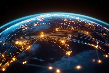 Illuminated Earth with Interconnected Lines Representing Global Networks