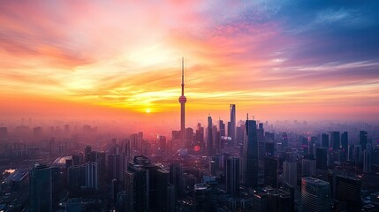 A panoramic view of a city skyline bathed in sunset colors, with ample space in the sky for text. -