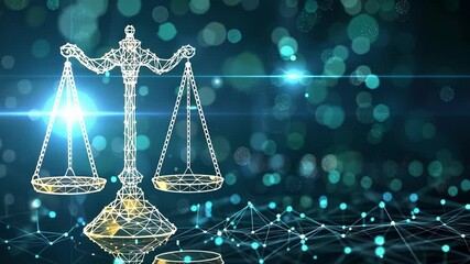 Glowing polygonal scales of justice balancing on a futuristic network is representing cybersecurity and data protection