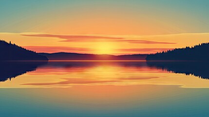 Obraz premium A peaceful lake reflecting the warm hues of a sunset, with room in the sky above the horizon for adding text.