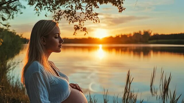A young caucasian woman in her third trimester relaxes by a lake at sunrise. She sits quietly, holding her belly, dressed in a white dress. The scene is calm and serene with the soft morning light