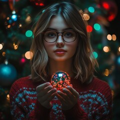 Naklejka premium A woman is holding a glass ball in her hand