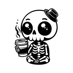 Cute spooky skeleton with coffee. Vector illustration.