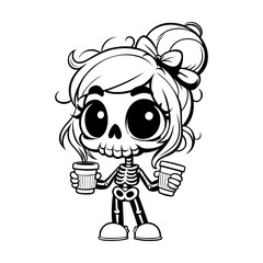 Cute spooky skeleton with coffee. Vector illustration.