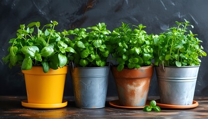 Vibrant collection of fresh herbs growing in charming pots