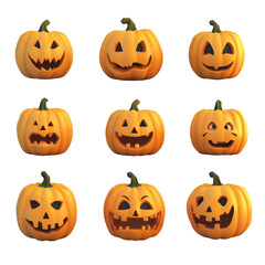 A collection of colorful Halloween pumpkins with various spooky and friendly faces, perfect for festive decorations., isolated on a transparent background.