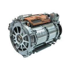 A detailed view of a modern electric motor showcasing intricate components and design, ideal for technology and engineering themes., isolated on a transparent background.